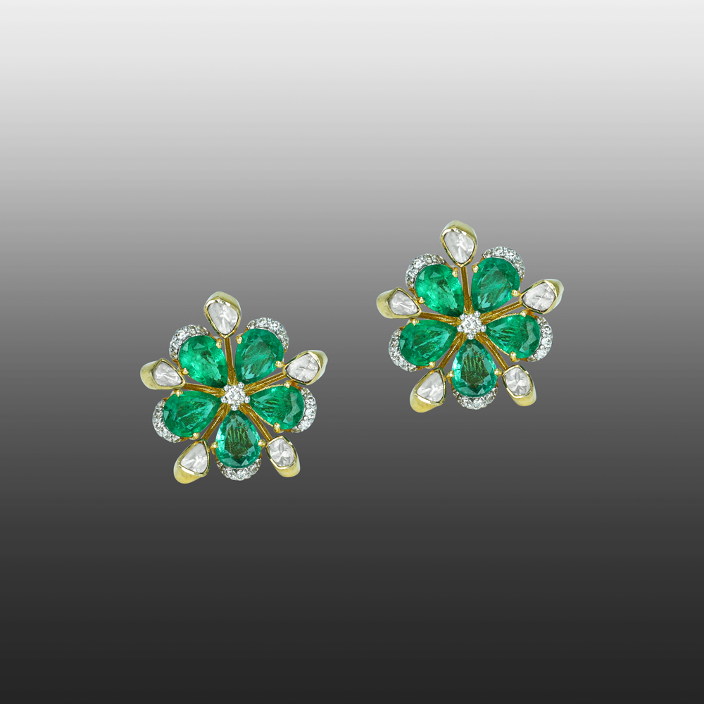 Floral Polki Stud Earrings with Emerald Petals and Diamonds